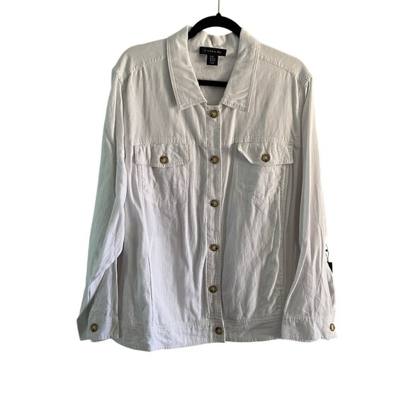 Tahari Women Plus 3X White Linen Blend Button Up Pocketed Lightweight Jacket NWT - Picture 1 of 13